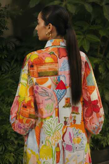 Buy Poppi Multi Color Cotton Collared Neck Printed Kurta And Pant Set Online at Aza Fashions Buy_Poppi_Multi Color Cotton Collared Neck Printed Kurta And Pant Set _Online_at_Aza_Fashions