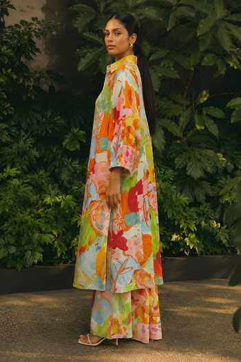 Shop Poppi Multi Color Cotton Collared Neck Printed Kurta And Pant Set Online at Aza Fashions Shop_Poppi_Multi Color Cotton Collared Neck Printed Kurta And Pant Set _Online_at_Aza_Fashions