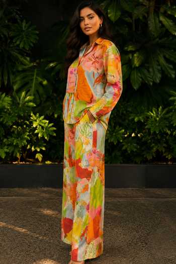 Shop_Poppi_Multi Color Cotton Collared Neck Printed Shirt And Pant Set _Online_at_Aza_Fashions