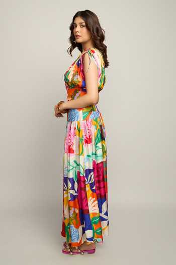 Poppi_Multi Color Silk, Bemberg Round Neck Printed Gathered Dress _Online_at_Aza_Fashions