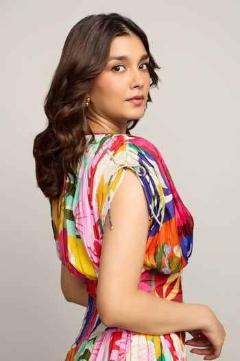 Buy_Poppi_Multi Color Silk, Bemberg Round Neck Printed Gathered Dress _Online_at_Aza_Fashions