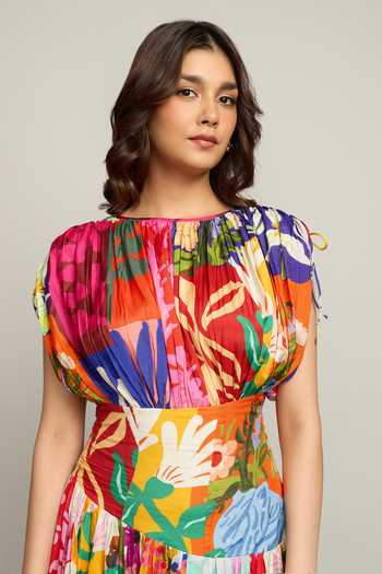 Shop_Poppi_Multi Color Silk, Bemberg Round Neck Printed Gathered Dress _Online_at_Aza_Fashions