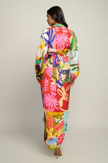 Shop Poppi Multicolor Silk, Bemberg Collared Neck Floral Print Dress at Aza Fashions Shop_Poppi_Multicolor Silk, Bemberg Collared Neck Floral Print Dress _at_Aza_Fashions