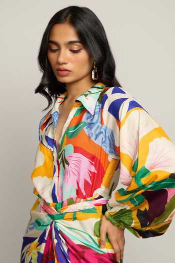 Shop Poppi Multicolor Silk, Bemberg Collared Neck Floral Print Dress Online at Aza Fashions Shop_Poppi_Multicolor Silk, Bemberg Collared Neck Floral Print Dress _Online_at_Aza_Fashions