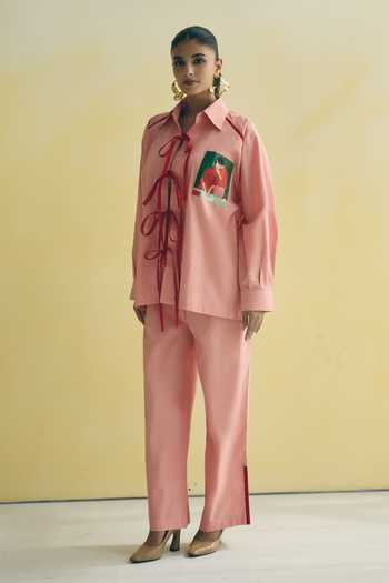 Meher By Islie_Pink Cotton Collared Neck Tie Up Shirt And Trouser Set _Online_at_Aza_Fashions
