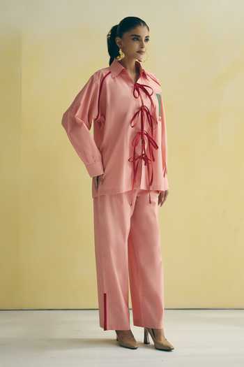 Buy_Meher By Islie_Pink Cotton Collared Neck Tie Up Shirt And Trouser Set _Online_at_Aza_Fashions