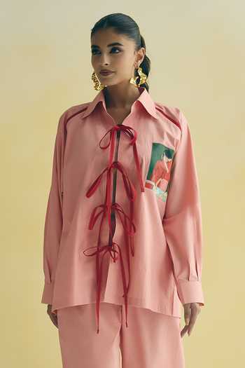 Shop_Meher By Islie_Pink Cotton Collared Neck Tie Up Shirt And Trouser Set _Online_at_Aza_Fashions