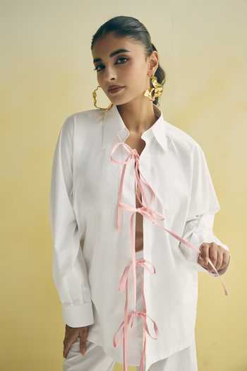 Meher By Islie_White Cotton Collared Neck Tie Up Shirt And Trouser Set _Online_at_Aza_Fashions