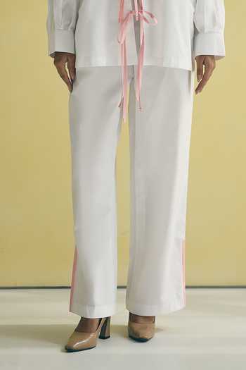 Buy_Meher By Islie_White Cotton Collared Neck Tie Up Shirt And Trouser Set _Online_at_Aza_Fashions