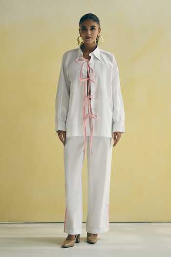 Shop_Meher By Islie_White Cotton Collared Neck Tie Up Shirt And Trouser Set _Online_at_Aza_Fashions