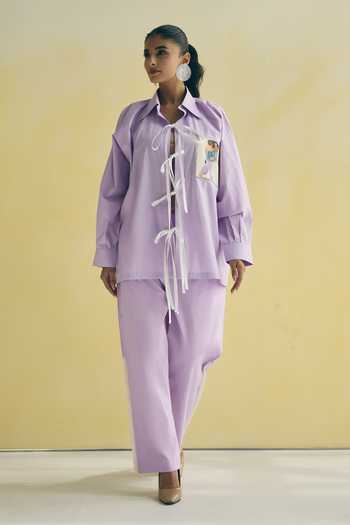 Meher By Islie_Purple Cotton Collared Neck Oversized Shirt And Trouser Set _Online_at_Aza_Fashions