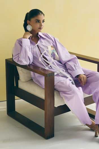 Shop_Meher By Islie_Purple Cotton Collared Neck Oversized Shirt And Trouser Set _Online_at_Aza_Fashions