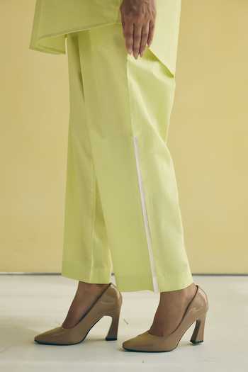 Meher By Islie_Green Cotton Collared Neck Placement Embroidered Shirt And Trouser Set _Online_at_Aza_Fashions