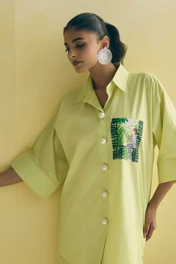 Buy_Meher By Islie_Green Cotton Collared Neck Placement Embroidered Shirt And Trouser Set _Online_at_Aza_Fashions