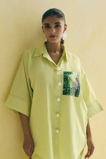 Shop_Meher By Islie_Green Cotton Collared Neck Placement Embroidered Shirt And Trouser Set _Online_at_Aza_Fashions