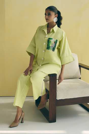Meher By Islie_Green Cotton Collared Neck Placement Embroidered Shirt And Trouser Set _at_Aza_Fashions