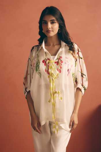 Meher By Islie_Ivory Silk Collared Neck Embroidered Top And Pant Set _Online_at_Aza_Fashions