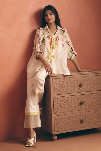 Buy_Meher By Islie_Ivory Silk Collared Neck Embroidered Top And Pant Set _Online_at_Aza_Fashions