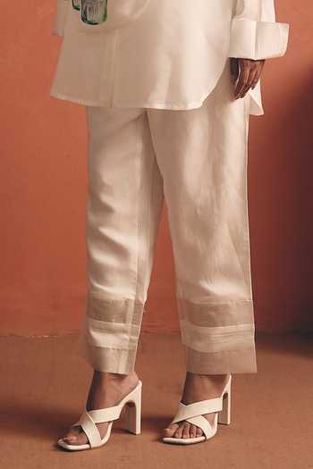 Meher By Islie_White Crepe Notched Neck, Yes Printed Tunic And Trouser Set _Online_at_Aza_Fashions