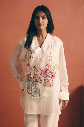 Buy_Meher By Islie_White Crepe Notched Neck, Yes Printed Tunic And Trouser Set _Online_at_Aza_Fashions
