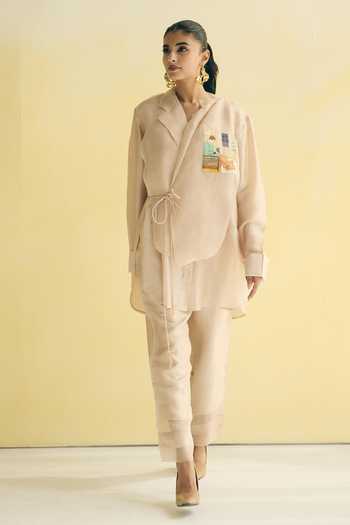 Meher By Islie_Ivory Silk Shawl Neck Overlap Top And Pant Set _Online_at_Aza_Fashions