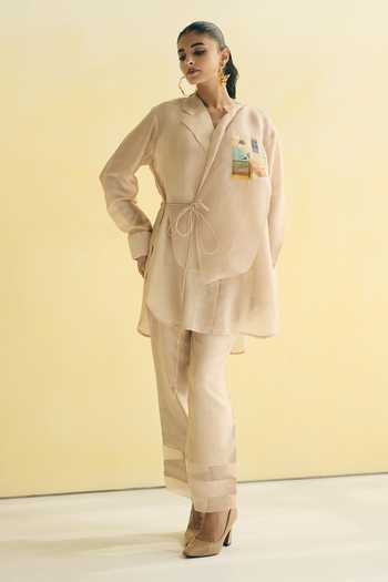 Buy_Meher By Islie_Ivory Silk Shawl Neck Overlap Top And Pant Set _Online_at_Aza_Fashions