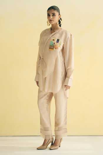 Shop_Meher By Islie_Ivory Silk Shawl Neck Overlap Top And Pant Set _Online_at_Aza_Fashions