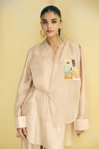 Meher By Islie_Ivory Silk Shawl Neck Overlap Top And Pant Set _at_Aza_Fashions