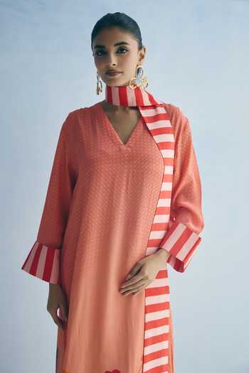 Shop_Meher By Islie_Coral Crepe V-neck Stripe Print Kaftan With Scarf _Online_at_Aza_Fashions