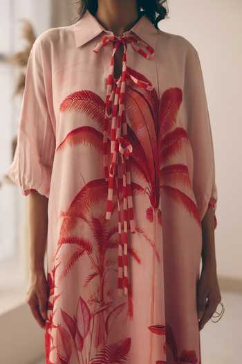 Shop_Meher By Islie_Red Crepe Collared Neck Tropical Palm Print Kaftan _Online_at_Aza_Fashions