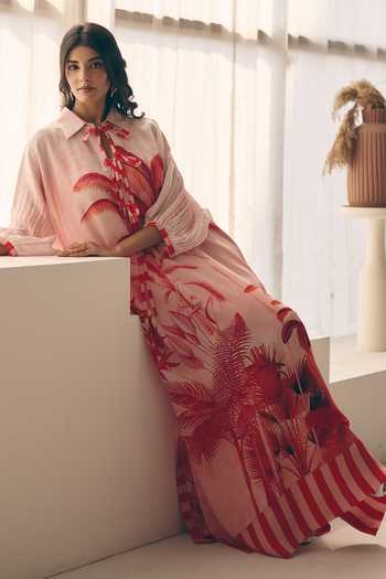 Meher By Islie_Red Crepe Collared Neck Tropical Palm Print Kaftan _at_Aza_Fashions