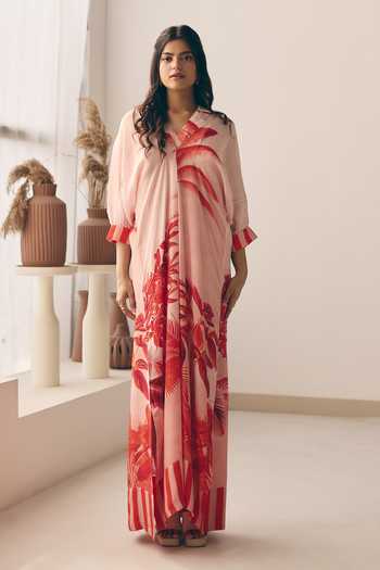 Meher By Islie_Red Crepe V-neck Palm Print Kaftan _Online_at_Aza_Fashions