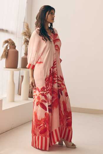 Buy_Meher By Islie_Red Crepe V-neck Palm Print Kaftan _Online_at_Aza_Fashions