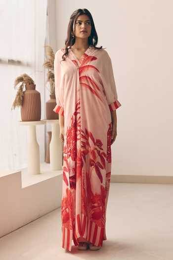 Shop_Meher By Islie_Red Crepe V-neck Palm Print Kaftan _Online_at_Aza_Fashions