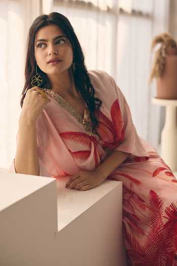 Meher By Islie_Peach Crepe V-neck Palm Print Kaftan And Pant Set _Online_at_Aza_Fashions