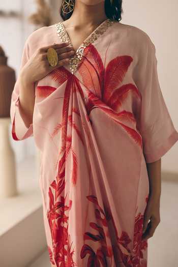 Buy_Meher By Islie_Peach Crepe V-neck Palm Print Kaftan And Pant Set _Online_at_Aza_Fashions