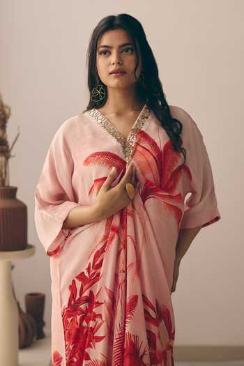 Shop_Meher By Islie_Peach Crepe V-neck Palm Print Kaftan And Pant Set _Online_at_Aza_Fashions