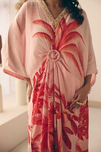 Meher By Islie_Pink Crepe V-neck Printed Kaftan With Pant _Online_at_Aza_Fashions