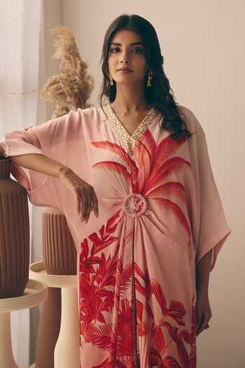 Buy_Meher By Islie_Pink Crepe V-neck Printed Kaftan With Pant _Online_at_Aza_Fashions