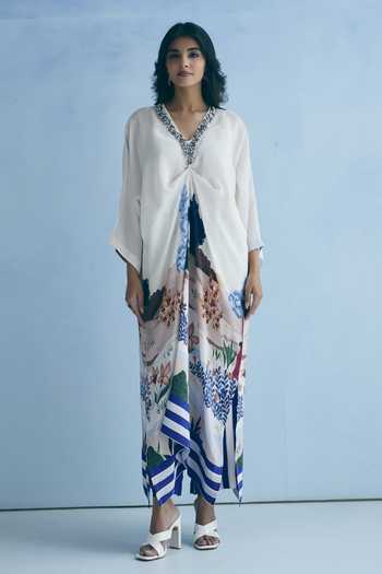 Meher By Islie_Ivory Crepe V-neck Neckline Embellished Kaftan And Pant Set _Online_at_Aza_Fashions