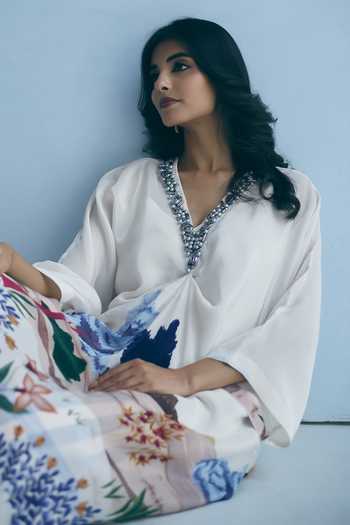 Buy_Meher By Islie_Ivory Crepe V-neck Neckline Embellished Kaftan And Pant Set _Online_at_Aza_Fashions