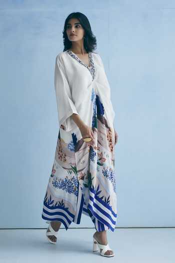 Shop_Meher By Islie_Ivory Crepe V-neck Neckline Embellished Kaftan And Pant Set _Online_at_Aza_Fashions