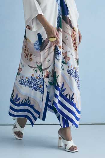 Meher By Islie_Ivory Crepe V-neck Neckline Embellished Kaftan And Pant Set _at_Aza_Fashions