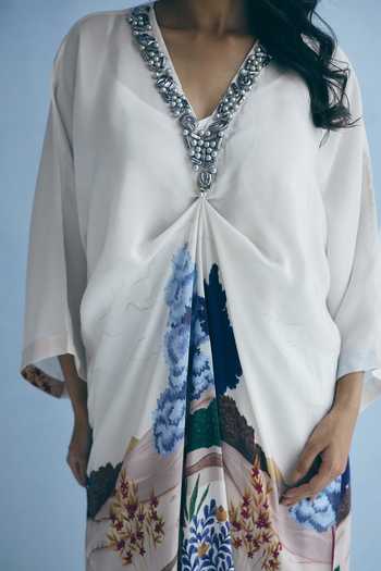 Shop_Meher By Islie_Ivory Crepe V-neck Neckline Embellished Kaftan And Pant Set 