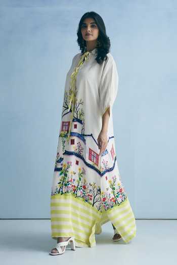 Meher By Islie Ivory Crepe Collared Neck Stripe Print Kaftan Online at Aza Fashions Meher By Islie_Ivory Crepe Collared Neck Stripe Print Kaftan _Online_at_Aza_Fashions