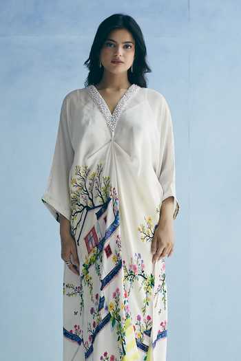 Buy_Meher By Islie_Ivory Crepe V-neck Hand Embellished Kaftan And Pant Set _Online_at_Aza_Fashions