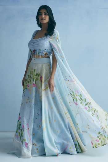 Meher By Islie_Blue Silk Scoop Neck Draped Blouse And Printed Lehenga Set _Online_at_Aza_Fashions