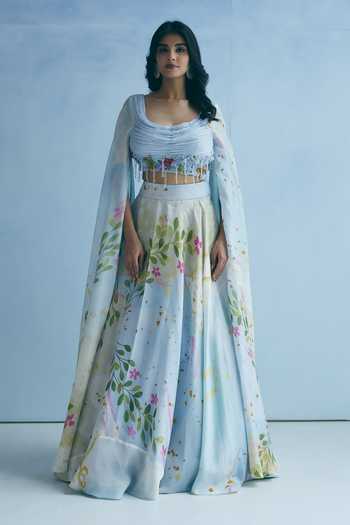 Buy_Meher By Islie_Blue Silk Scoop Neck Draped Blouse And Printed Lehenga Set _Online_at_Aza_Fashions