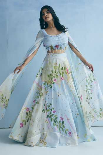Shop_Meher By Islie_Blue Silk Scoop Neck Draped Blouse And Printed Lehenga Set _Online_at_Aza_Fashions