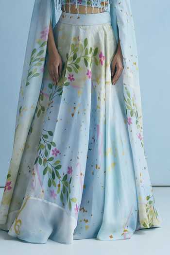 Meher By Islie_Blue Silk Scoop Neck Draped Blouse And Printed Lehenga Set _at_Aza_Fashions